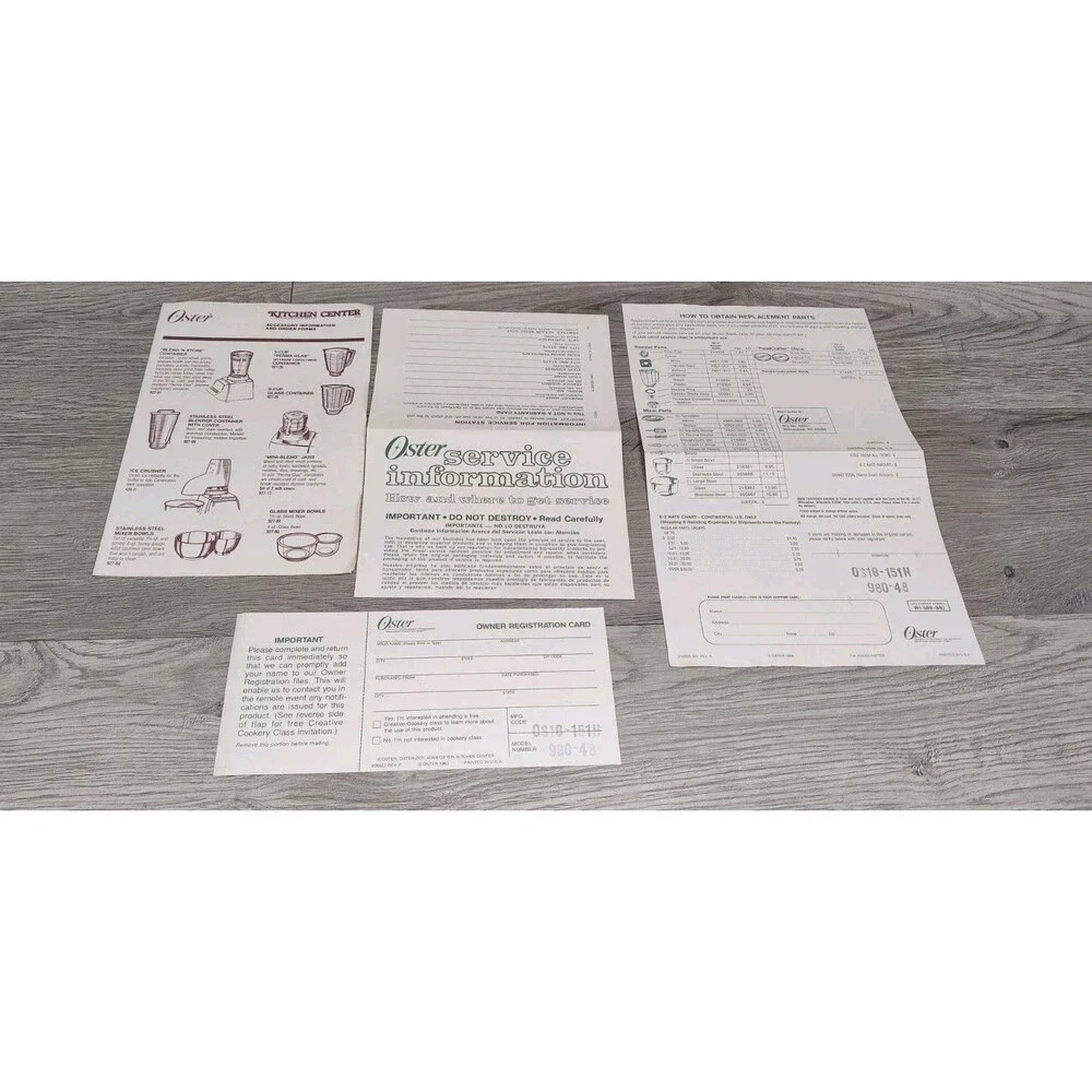 1985 Oster Kitchen Center Recipes/Instruction Owner's Manual Booklet Vintage